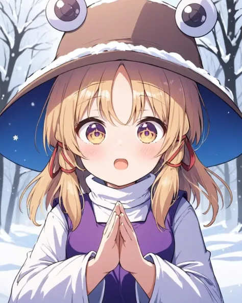 a girl in a hat and dress standing in the snow