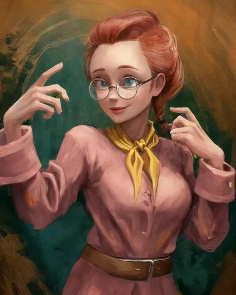 a painting of a woman in a pink dress and glasses