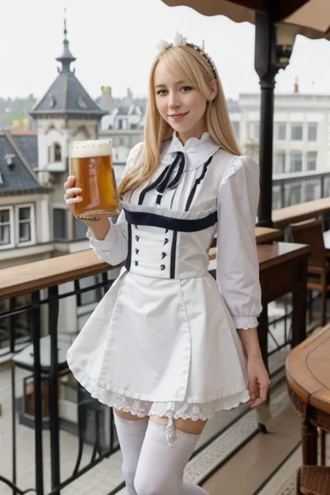 blonde girl,holding beers,at a luxury restaurant balcony,roswaal mansion maid uniform,white thighhighs,<lora:rem_ram_emilia:1>,