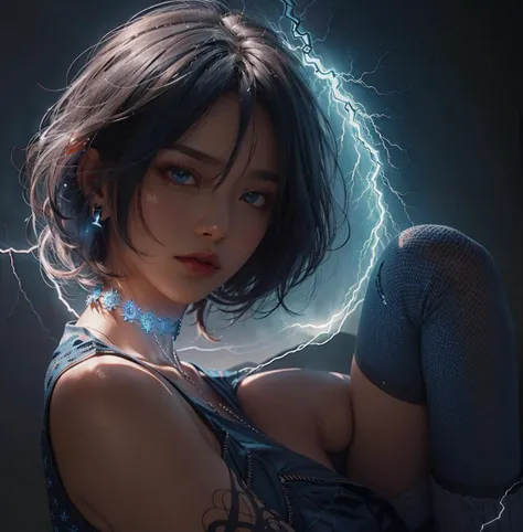 black hair, dark background, short hair, looking at viewer, ((realistic blue lightning)), blue light, stockings, choker, dramatic lighting, intricate dress
<lora:betterCuteAsian03:0.2>