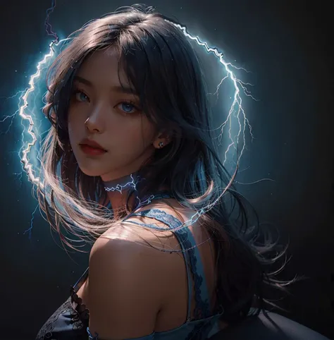 black hair, dark background, long hair, looking at viewer, ((realistic blue lightning)), blue light, stockings, choker, dramatic lighting, intricate dress
<lora:betterCuteAsian03:0.2>