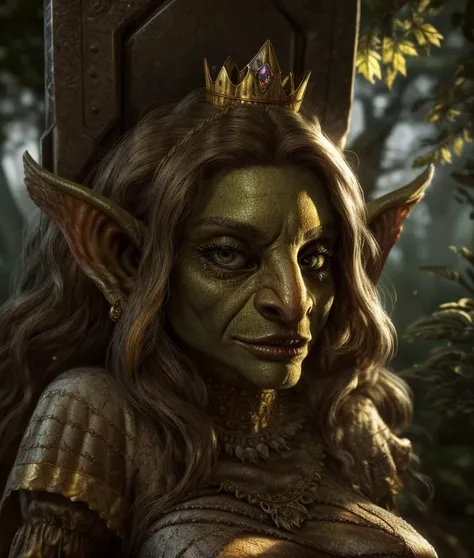 a woman with a crown on her head and a green face