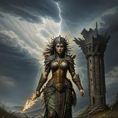 <lora:DART:1> dart, a female Celtic warrior in a thunderstorm at night