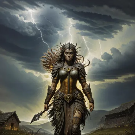 <lora:DART:1> dart, a female Celtic warrior in a thunderstorm at night