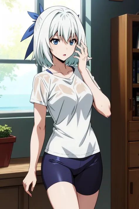 a woman in a white shirt and blue shorts talking on a cell phone