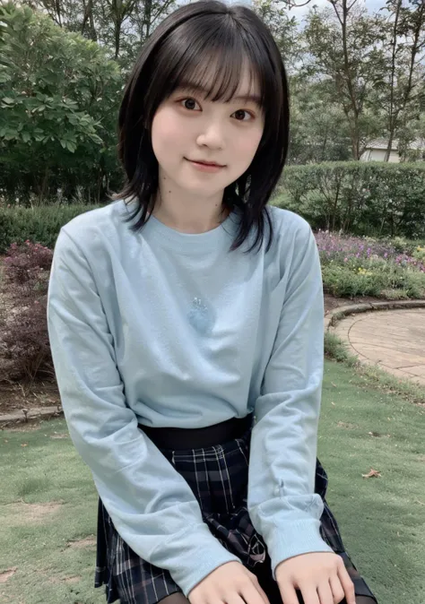 a close up of a woman sitting on a bench in a park