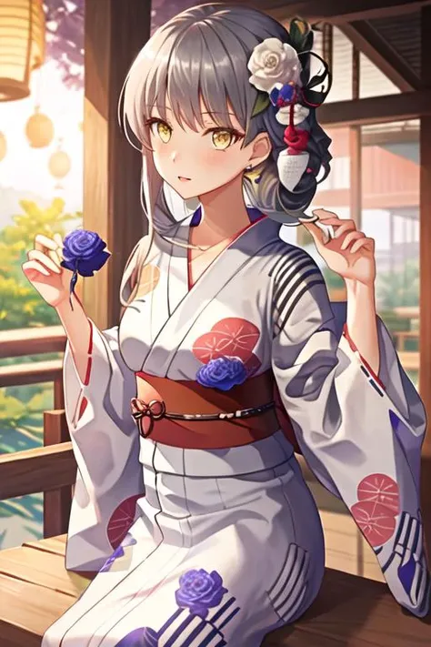 best quality, masterpiece, highres, solo, {yukata:1.40}, {kimono:1.20}, {minato_yukina_bangdream:1.15}, long_hair, bangs, yellow_eyes, grey_hair, hair_ornament, flower, rose, jewelry, hair_flower