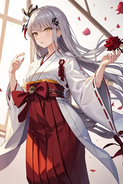 best quality, masterpiece, highres, solo, {white kimono:1.35}, {red hakama:1.35}, {wide sleeves:1.20}, {minato_yukina_bangdream:1.15}, long_hair, bangs, yellow_eyes, grey_hair, hair_ornament, flower, rose, jewelry, hair_flower