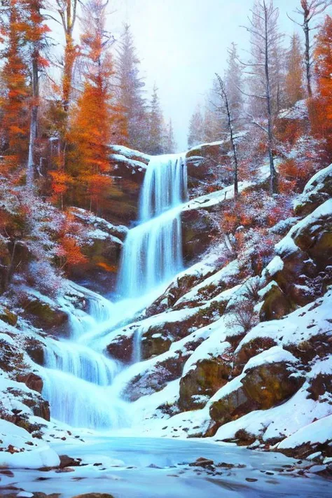 a painting of a waterfall in the middle of a snowy forest