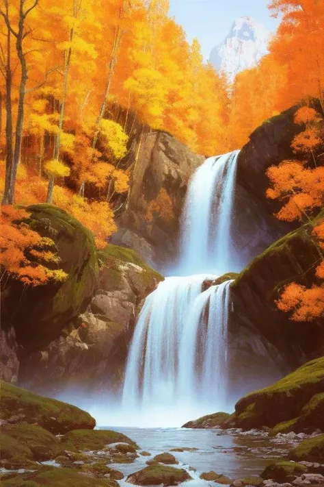 a painting of a waterfall in a forest with a mountain in the background