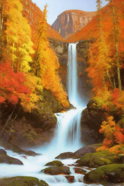 a painting of a waterfall in a forest with a mountain in the background