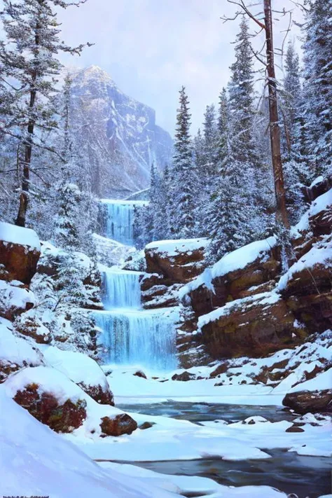 a painting of a waterfall in the middle of a snowy forest