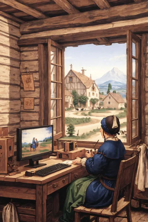 <lora:Stalenh4g:0.7>,computer,monitor,keyboard (computer),computers in a renaissance peasant house,peasant villagers wearing renaissance clothing,<lora:Dur3r:0.8>,Dur3r style,and visible through the window are people riding horses in town,