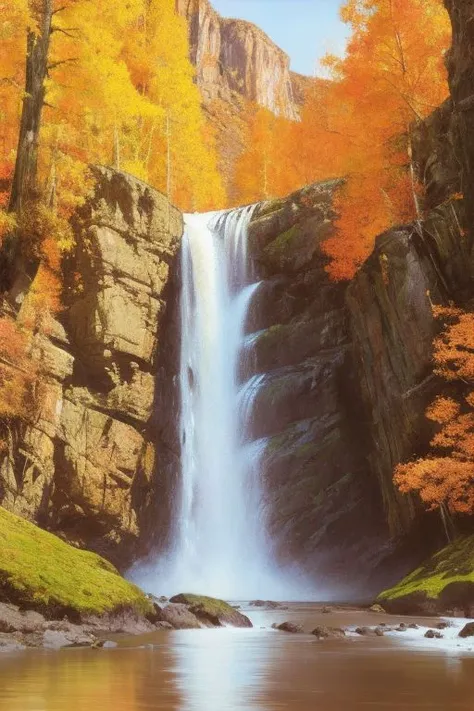 a close up of a waterfall in a forest with a mountain in the background