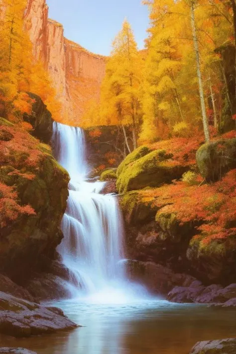 a close up of a waterfall in a forest with a mountain in the background