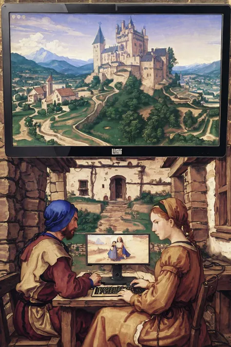 <lora:Stalenh4g:0.5>,in the foreground a villager is using a gaming computer inside a peasant house,peasant villagers wearing renaissance clothing,<lora:Dur3r:1.1>,Dur3r style,(gaming computer monitor, keyboard (computer), cables, gaming rgb),horses,castle...