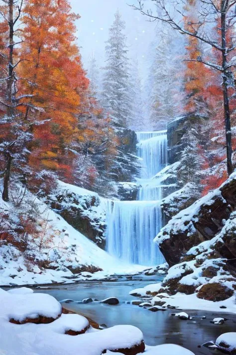 a painting of a waterfall in the middle of a snowy forest