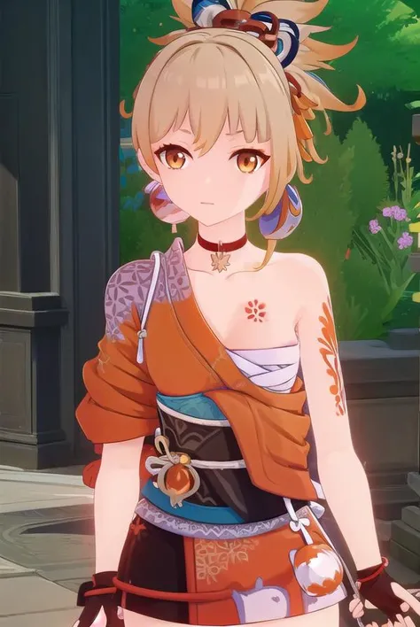 yoimiya, <lora:genshin yoimiya ingame-lora-nochekaiser:1>,
yoimiya, bangs, blonde hair, hair ornament, hair between eyes, ponytail, sidelocks, (orange eyes:1.3), light brown hair, smile,
BREAK thighhighs, gloves, jewelry, japanese clothes, choker, fingerle...