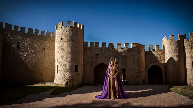 a woman in a purple dress standing in front of a castle