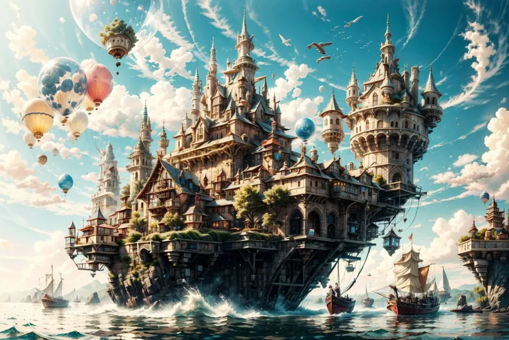 a close up of a castle on a body of water with balloons flying in the sky