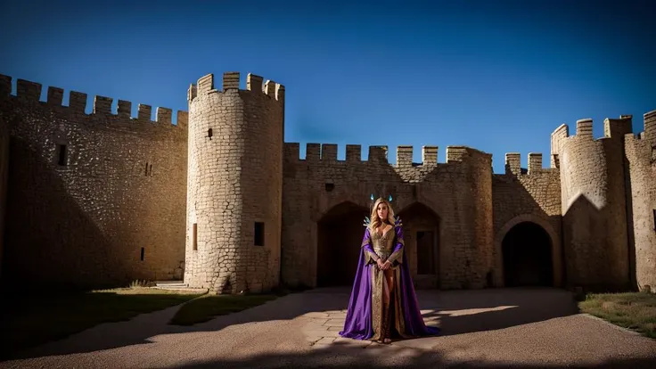 a woman in a purple dress standing in front of a castle