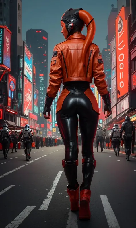 twlk2023, orange skinned alien girl, 2 head tails, orange skin, best quality, masterpiece, armor, leather outfit, bodysuit, star wars, headband, walking in city, cyberpunk city, jacket, spaceport