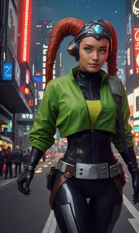 twlk2023, green skinned alien girl, 2 head tails, best quality, masterpiece, armor, leather outfit, bodysuit, star wars, headband, walking in city, cyberpunk city, jacket, spaceport,