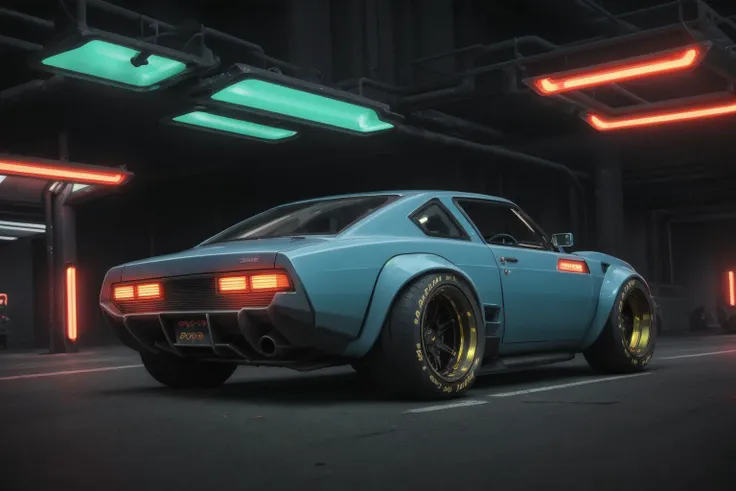 cyberpunk (((retro zeekars))) (with glowing rims), wide tires, at the parking lot, at night city, <lora:zeekars:0.65>