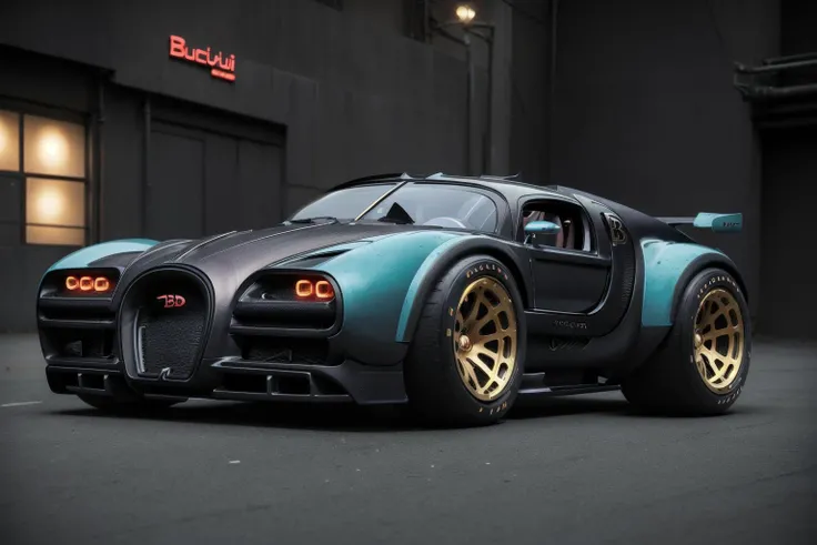 cyberpunk (((retro Bugatti zeekars))) (with glowing rims), wide gold tires, at the parking lot, at night city, <lora:zeekars:0.65>