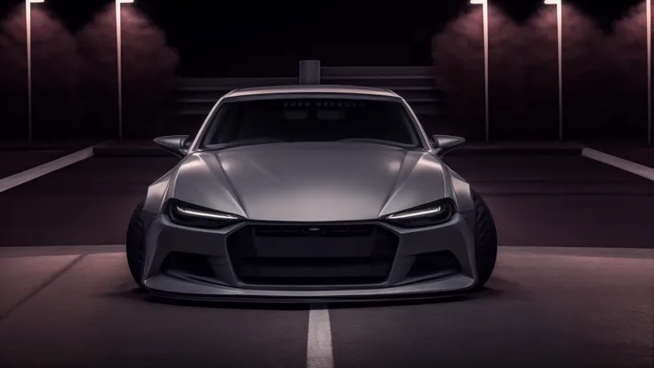 a grey sports car parked in a parking lot at night