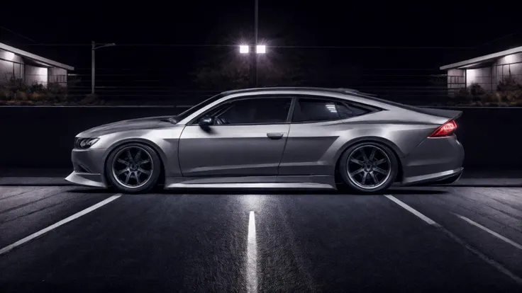 a silver car parked on a street at night