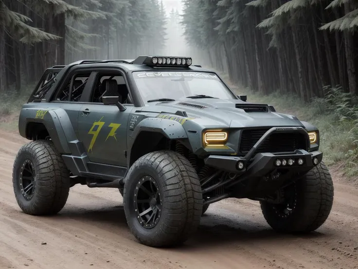 cyberpunk (((off road muscle car zeekars))), wide tires, in a forest, <lora:zeekars:0.65>, (diesels punk)