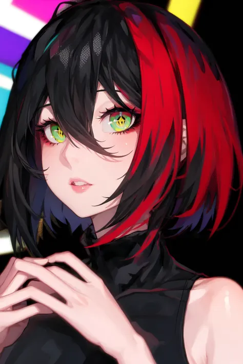 anime girl with red hair and black dress holding a cell phone