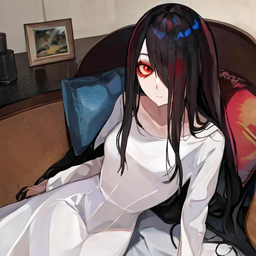 anime girl with long black hair sitting on a bed with a red eye