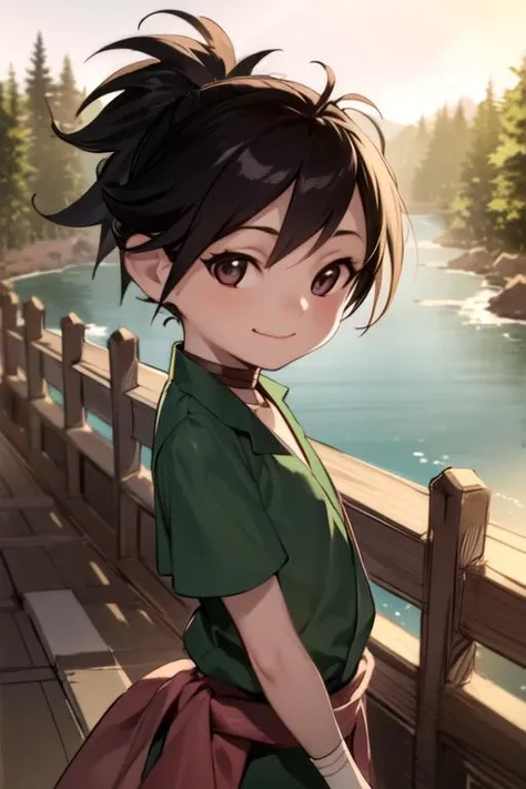 masterpiece, best quality, sketch, 1girl, solo, looking at viewer, upper body, depth of field, ligne claire, , <lora:dororo:0.76>, dororo, , leprechaun costume, wooden bridge, 8k resolution