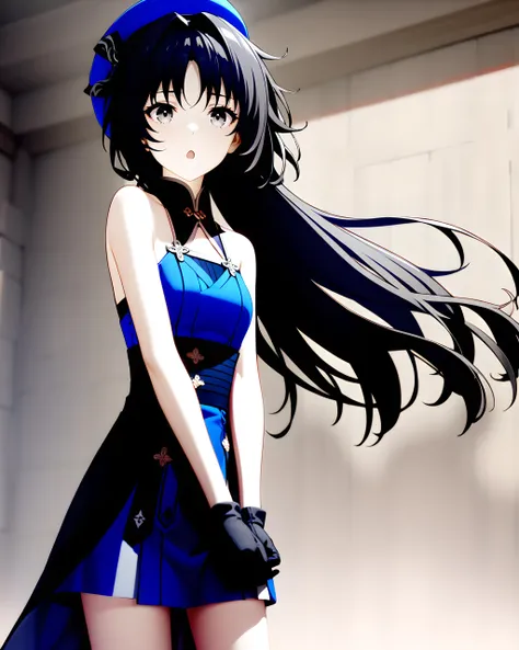 anime girl with long black hair and blue dress posing for a picture