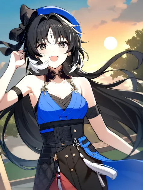 anime girl with long black hair and blue top standing in front of a sunset