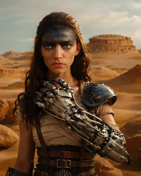 a woman in a desert scene with a robotic arm