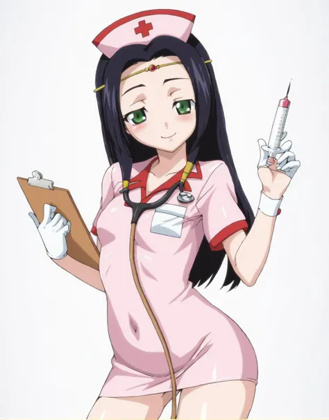 score 9, score 8 up, score 7 up, rating questionable,
detailed background,
<lora:kaguya.pony:1>,
kaguya, 
wide hips, shiny skin, 
blush, smirk, half-closed eyes, 
nurse costume, holding syringe, stethoscope, holding clipboard,