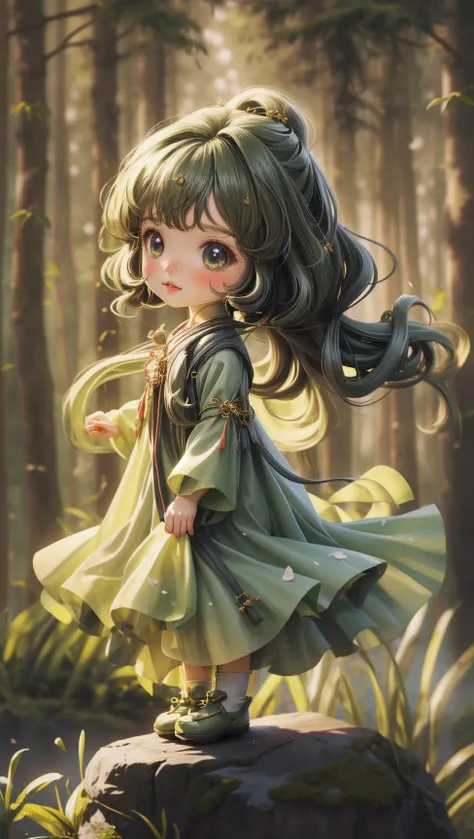 a girl in a green dress standing on a rock in the woods