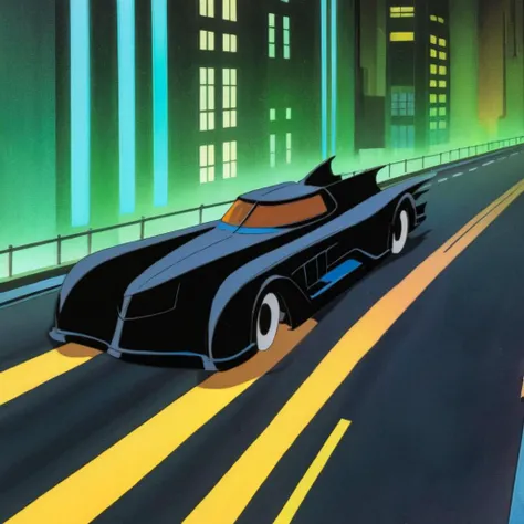 anime artwork of  <lora:Batman The Animated Series Style:1.2>
In Gotham City a batmobile car driving down a road at night Batman The Animated Series Style, anime style, key visual, vibrant, studio anime,  highly detailed