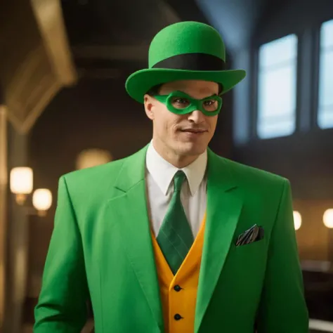 cinematic film still of  <lora:Batman The Animated Series Style:1.5>
Riddler In Gotham City a man in a green suit and a green hat Batman The Animated Series Style, shallow depth of field, vignette, highly detailed, high budget, bokeh, cinemascope, moody, e...