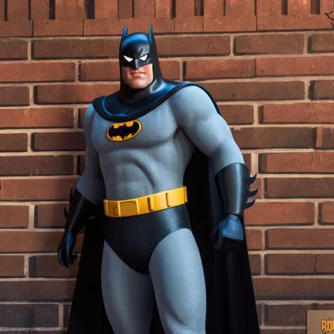 Hyperrealistic art of  <lora:Batman The Animated Series Style:1.2>
In Gotham City a cartoon batman standing in front of a brick wall Batman The Animated Series Style, Extremely high-resolution details, photographic, realism pushed to extreme, fine texture,...