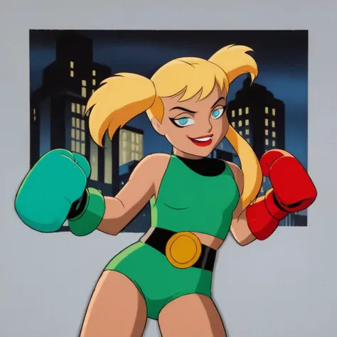 anime artwork of  <lora:Batman The Animated Series Style:1.2>
In Gotham City a cartoon blonde pigtail woman with boxing gloves on Batman The Animated Series Style, anime style, key visual, vibrant, studio anime,  highly detailed