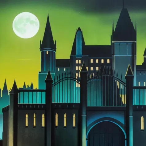 anime artwork of  <lora:Batman The Animated Series Style:1.2>
In Gotham City a castle with a gate and a full moon Batman The Animated Series Style, anime style, key visual, vibrant, studio anime,  highly detailed