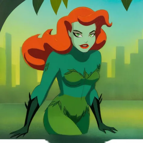 concept art of  <lora:Batman The Animated Series Style:1.5>
In Gotham City a cartoon poison ivy character with a red hair and green eyes Batman The Animated Series Style, digital artwork, illustrative, painterly, matte painting, highly detailed