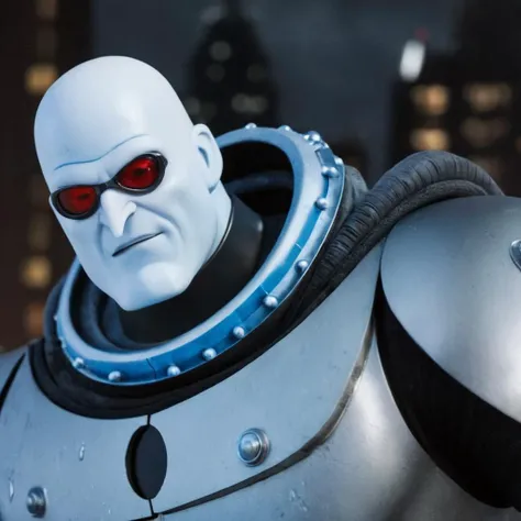 Hyperrealistic art of  <lora:Batman The Animated Series Style:1.2>
In Gotham City a close up of a mr freeze with a helmet on Batman The Animated Series Style, Extremely high-resolution details, photographic, realism pushed to extreme, fine texture, incredi...