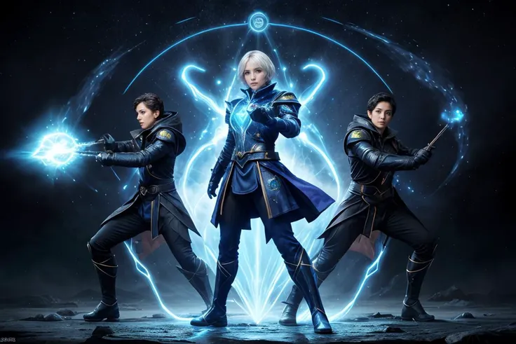 3man, combat pose, full-body, elemental mages, wearing futuristic mage uniform, short hair, casting elemental magic, surrounded by elemental energy, special effects, waning light, hyperdetailed, accurate proportionate, realistic,