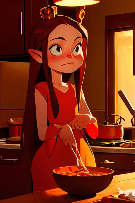 cartoon of a woman in a red dress cooking in a kitchen