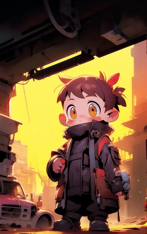 a cartoon boy standing in front of a building with a backpack